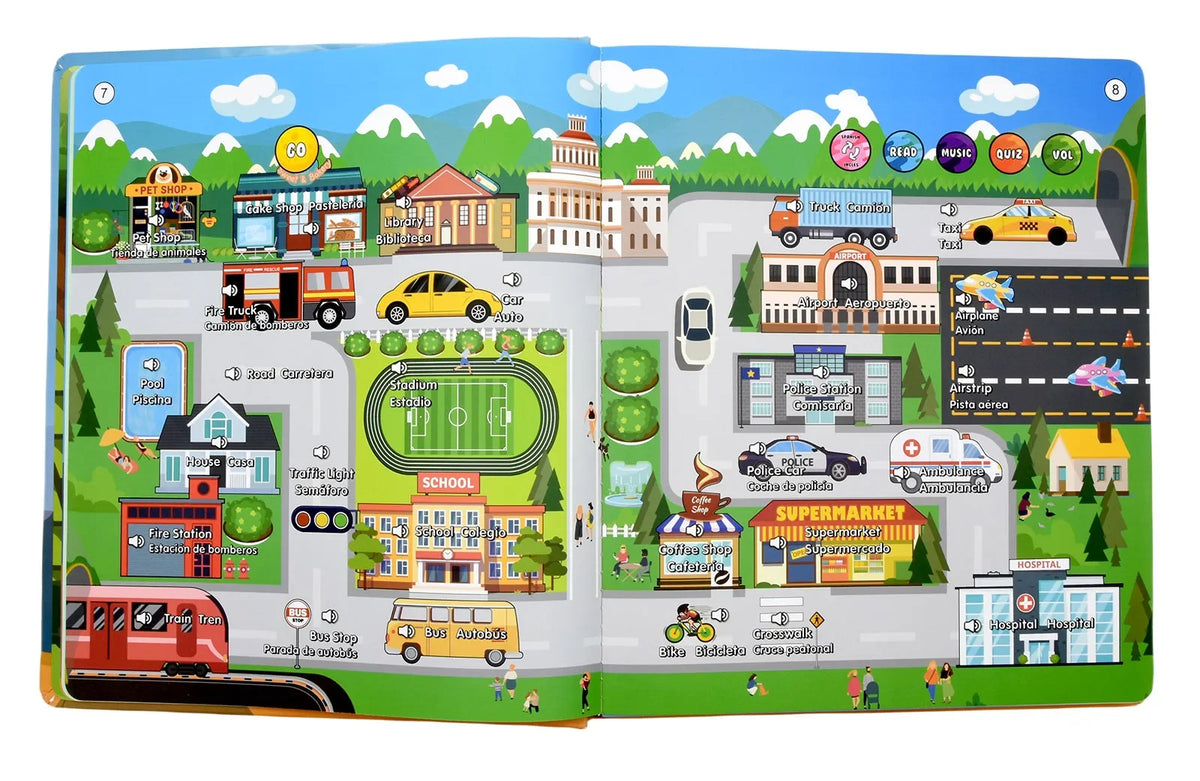 A colorful bilingual learning book showing various scenes of a town and school for children.