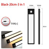 Black 20cm 3 in 1 Type-C rechargeable motion sensor LED cabinet light with a rectangular design.