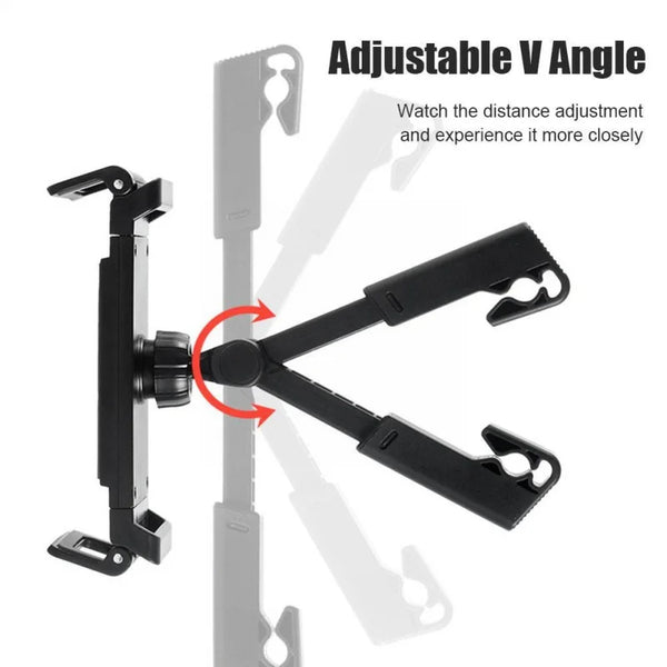 Adjustable V angle mount for a car headrest tablet, showing the mechanism for distance adjustment.