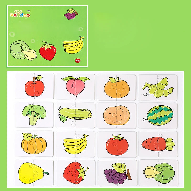 Un ensemble de blocs de construction en bois Montessori avec des fruits et légumes comme des pommes, des bananes, des tomates