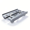 A silver adjustable rolling CPU stand with wheels designed for under-desk use.
