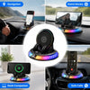 A black wireless car charger mount with RGB ambient light and 360 rotation is shown in various automotive contexts.