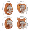 Three variations of a wooden kalimba thumb piano with metal keys, shown in different sizes and angles.