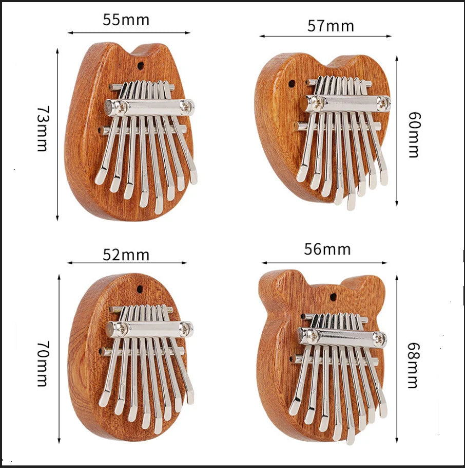 Three variations of a wooden kalimba thumb piano with metal keys, shown in different sizes and angles.