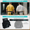 A black tool belt with adjustable webbing is shown alongside a yellow shirt and a white shirt.
