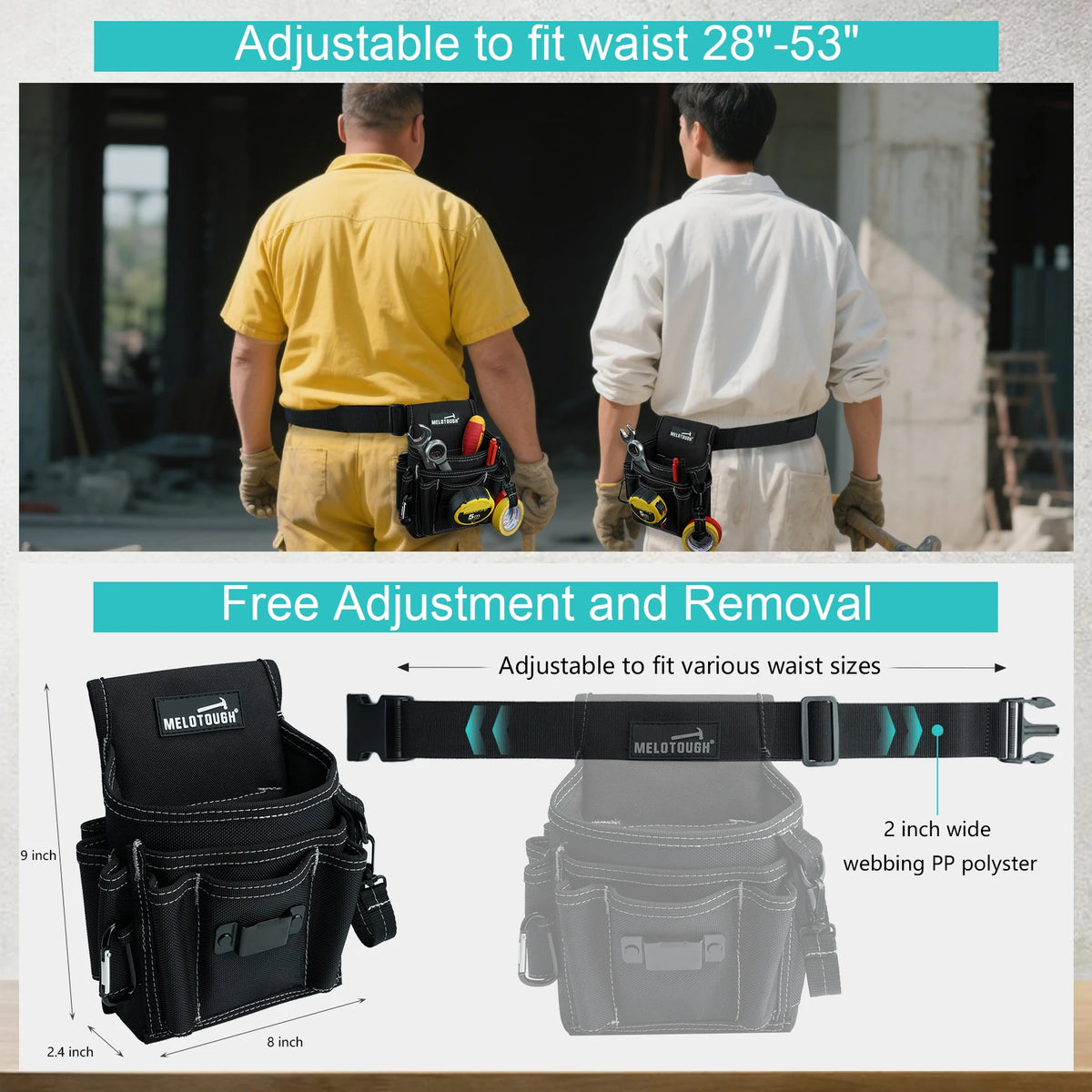 A black tool belt with adjustable webbing is shown alongside a yellow shirt and a white shirt.