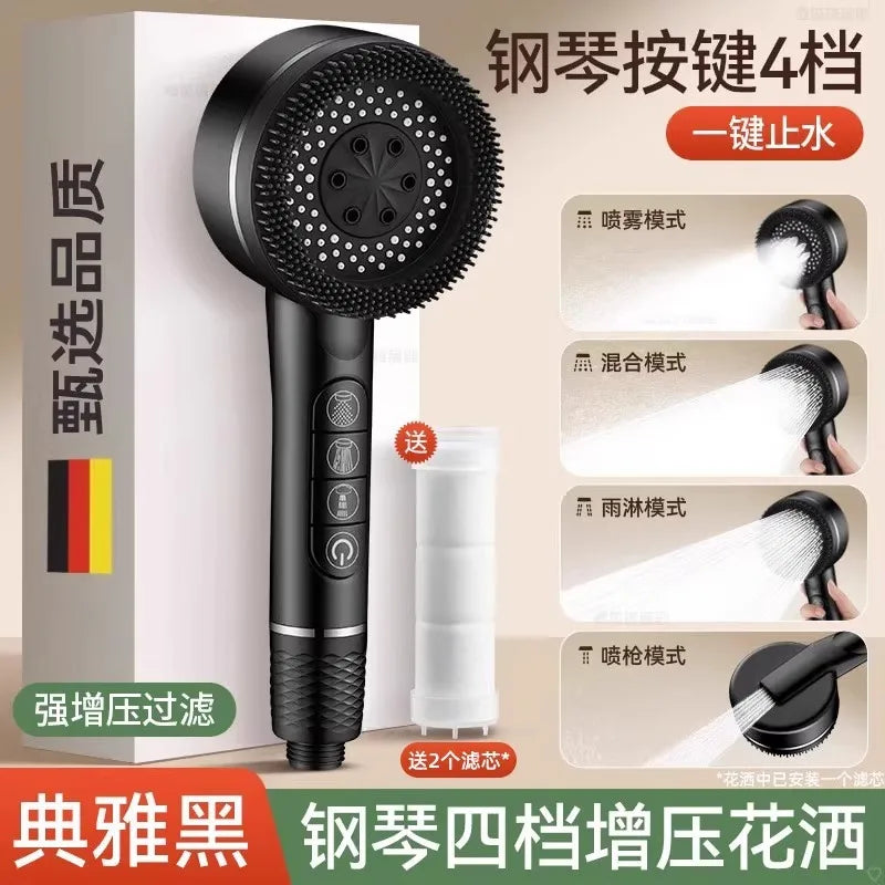 Black high-pressure shower head with four modes including mist, rain, and shower functions