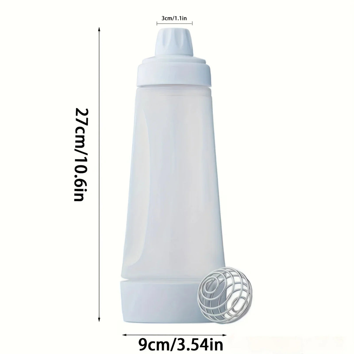 A white pancake batter dispenser bottle with a white cap and a wire whisk attached.