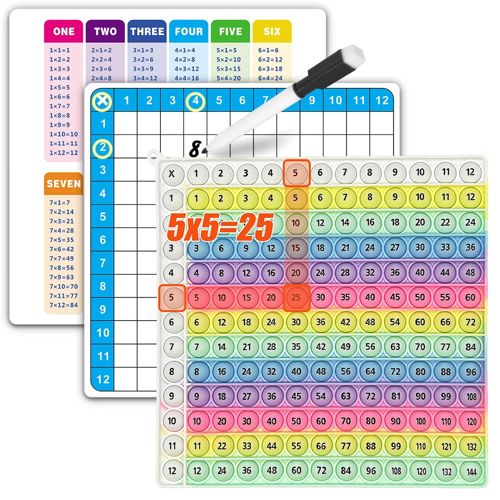 A set of multiplication practice flashcards for tables one through twelve with an erasable pen.