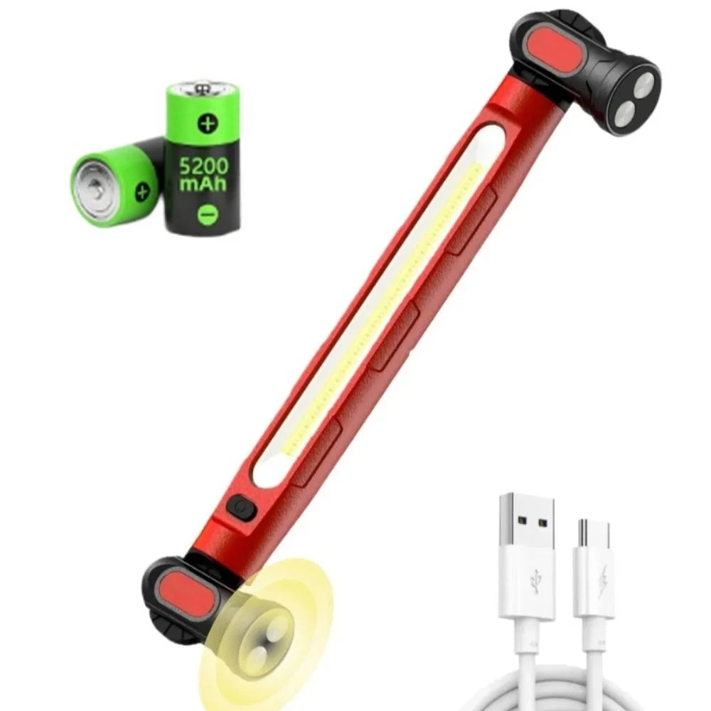 A red magnetic rechargeable COB work light with a hook and power bank component shown in various views.