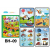 A set of nine colorful pages from a Magic Water Book featuring various vehicles and objects like a hot air balloon, police ca
