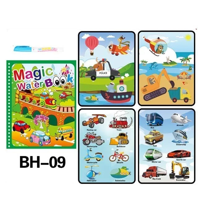 A set of nine colorful pages from a Magic Water Book featuring various vehicles and objects like a hot air balloon, police ca