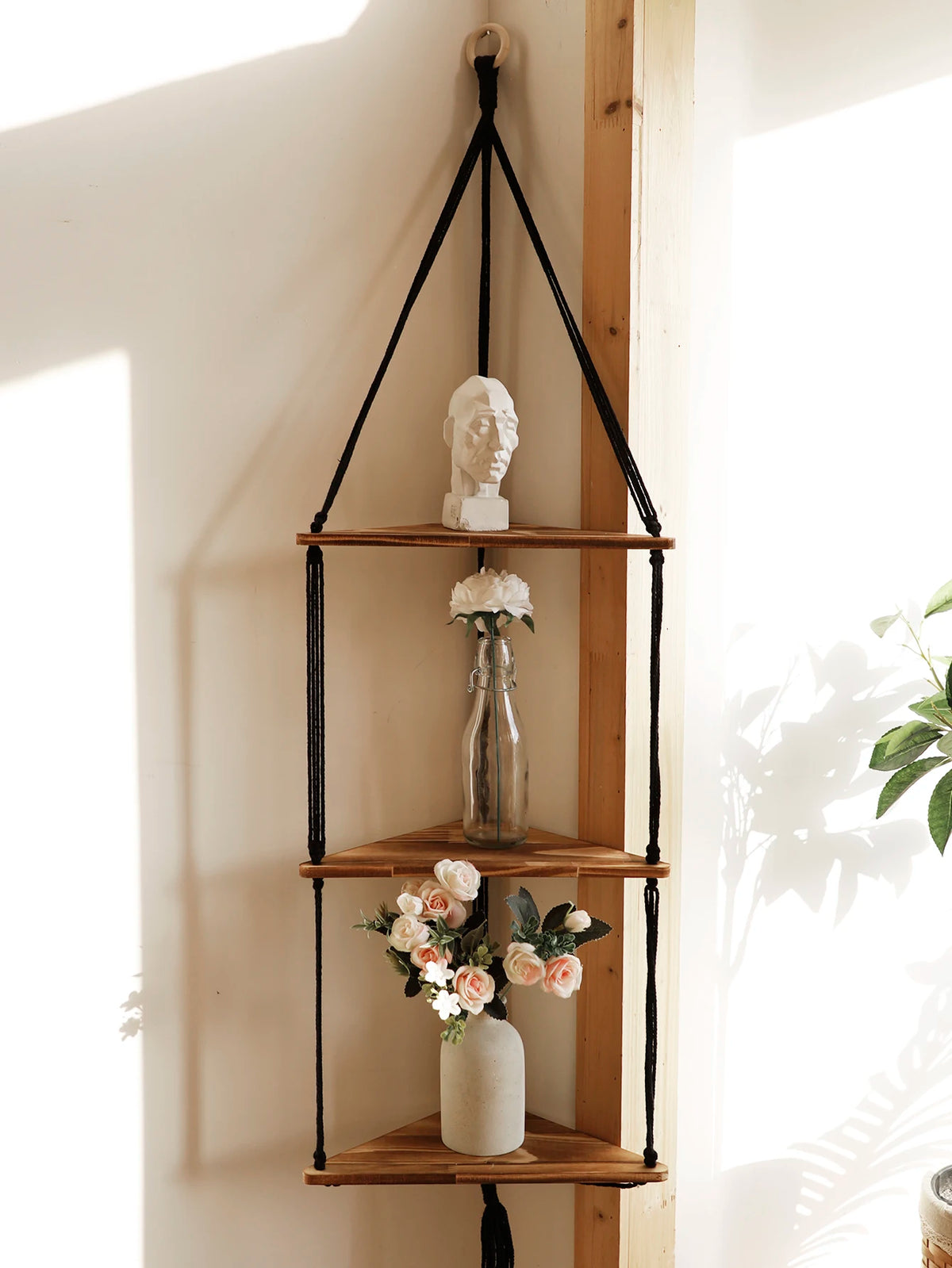 Triangle Wood Floating Wall Shelf with Macrame Rope