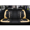 Black and tan universal waterproof PU leather car seat covers installed in a vehicle interior.