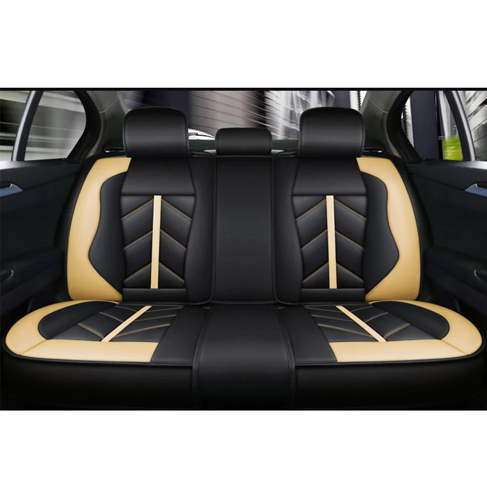 Black and tan universal waterproof PU leather car seat covers installed in a vehicle interior.