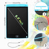 A blue LCD writing tablet with a stylus pen and a cable shown in various angles.