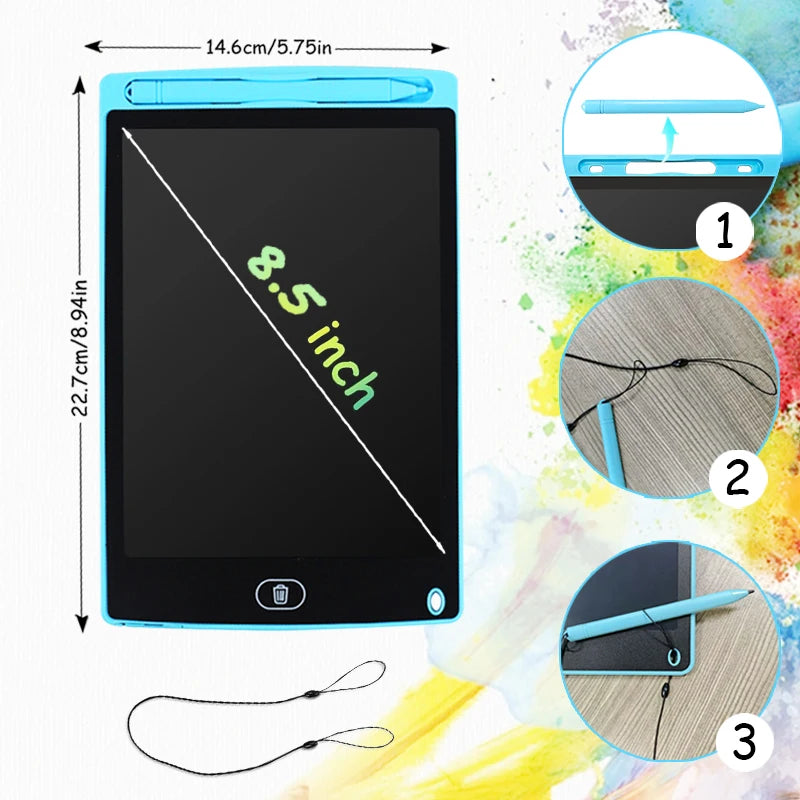 A blue LCD writing tablet with a stylus pen and a cable shown in various angles.