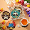 A set of sparkling diamond painting coasters and a holder featuring coffee themed designs.
