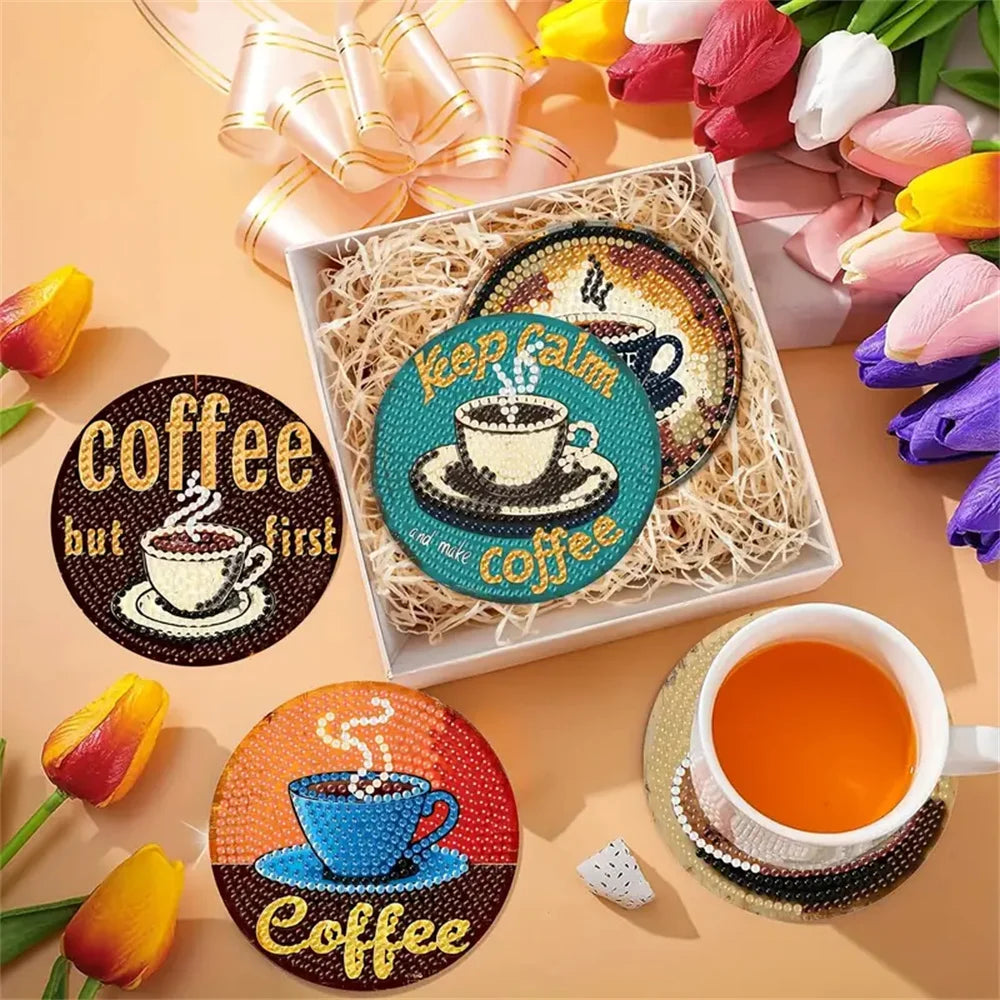 A set of sparkling diamond painting coasters and a holder featuring coffee themed designs.
