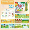 A colorful busy book for toddlers featuring animals, vehicles, and dinosaurs with corresponding learning pages.