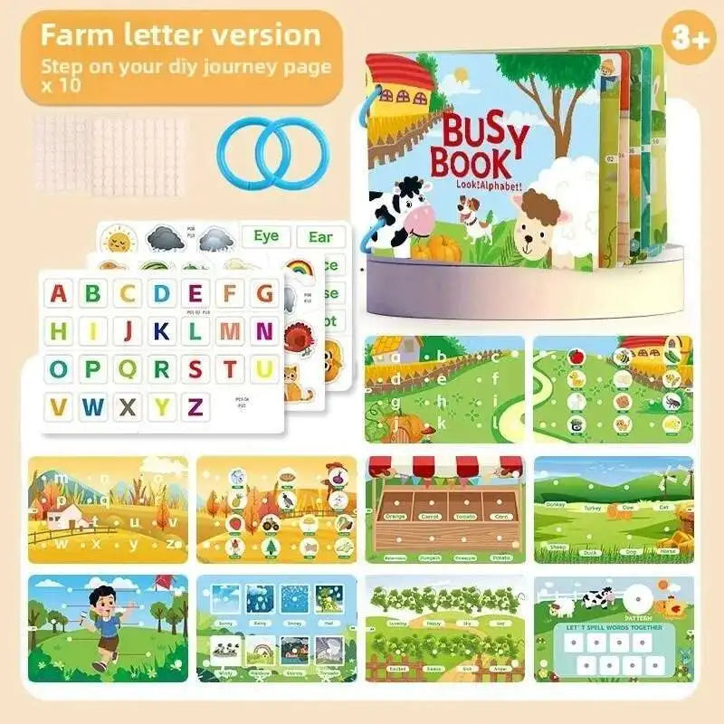 A colorful busy book for toddlers featuring animals, vehicles, and dinosaurs with corresponding learning pages.