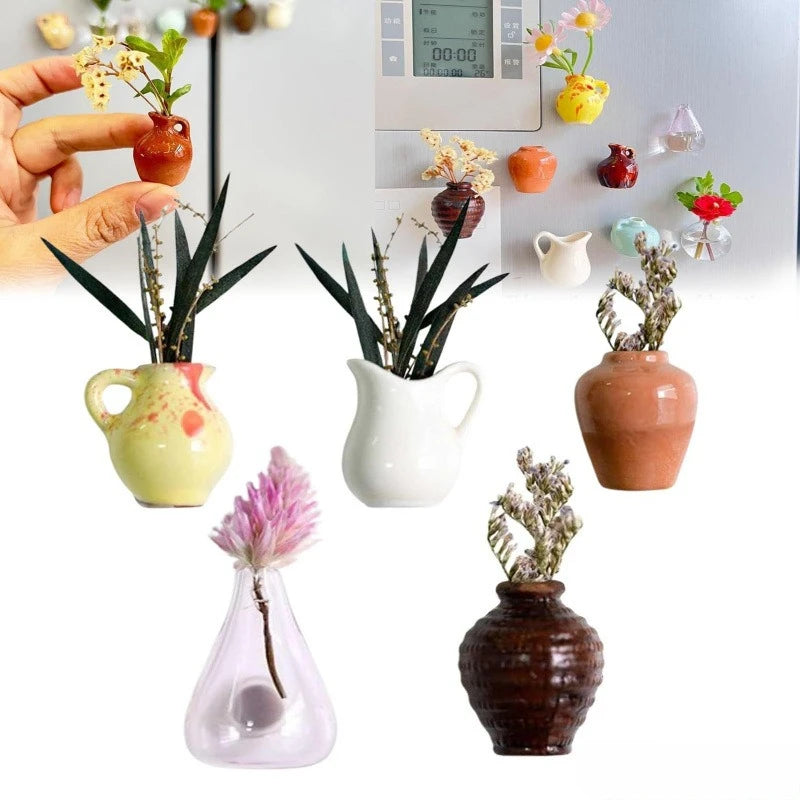 Mini Ceramic Vase Fridge Magnet with Artificial Flower Holder