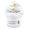 A white container of scented slime topped with white whipped cream and colorful sprinkles.