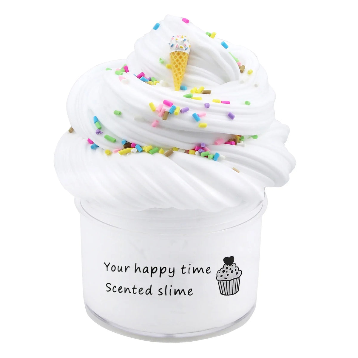 A white container of scented slime topped with white whipped cream and colorful sprinkles.