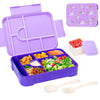 A purple portable kids lunch box with divided compartments, featuring a food tray and a matching lid.