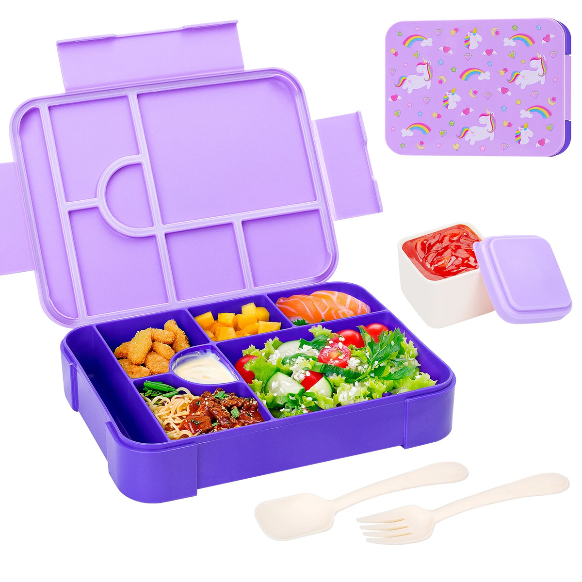 A purple portable kids lunch box with divided compartments, featuring a food tray and a matching lid.
