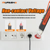 A hand is using a non-contact voltage detector pen to test electrical outlets and plugs.