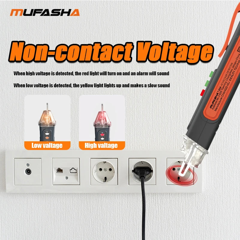 A hand is using a non-contact voltage detector pen to test electrical outlets and plugs.