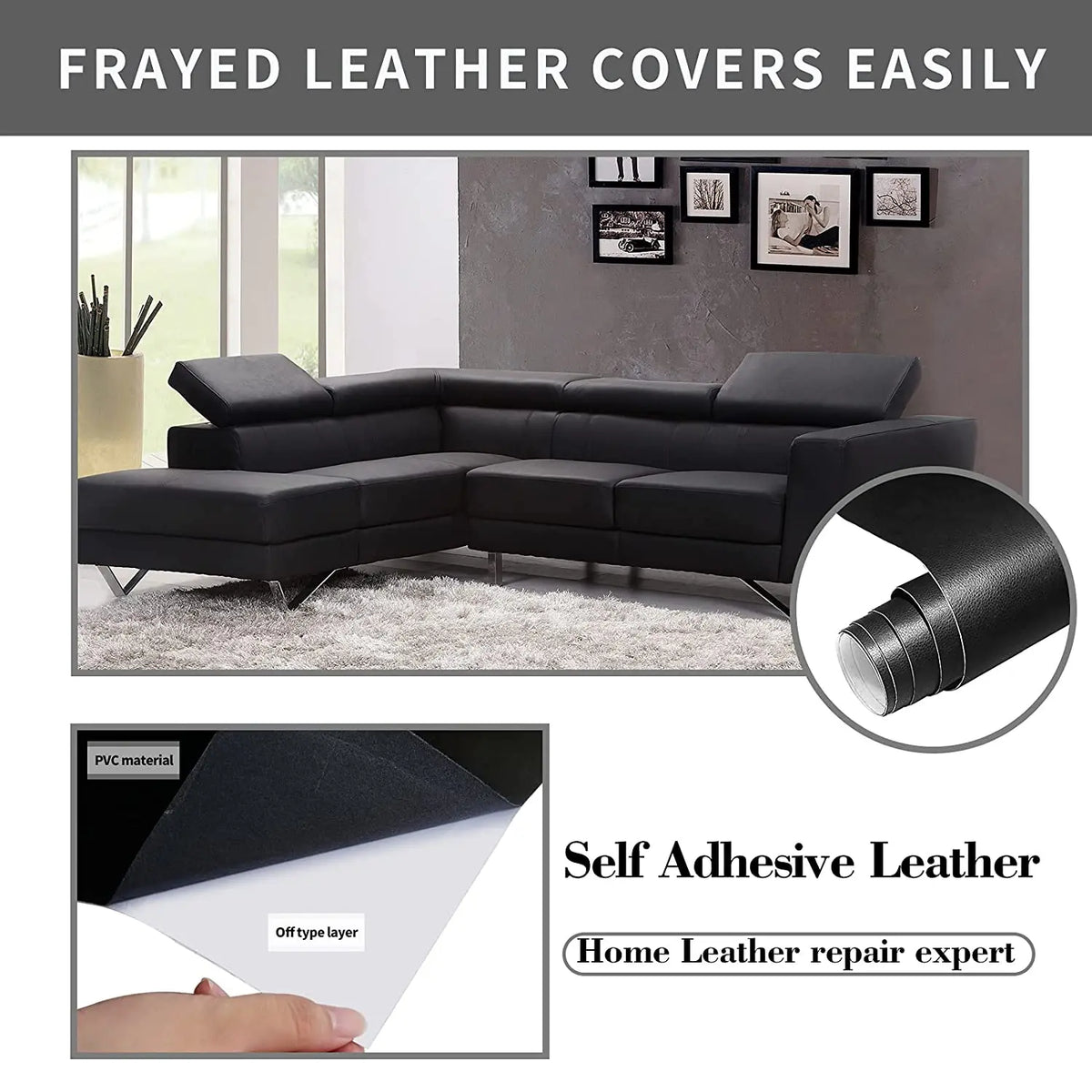 Schwarzes Kunstleder-Sofa mit selbstklebendem Reparaturflicken, der zeigt, wie man abgenutzte Lederbezüge einfach repariert.