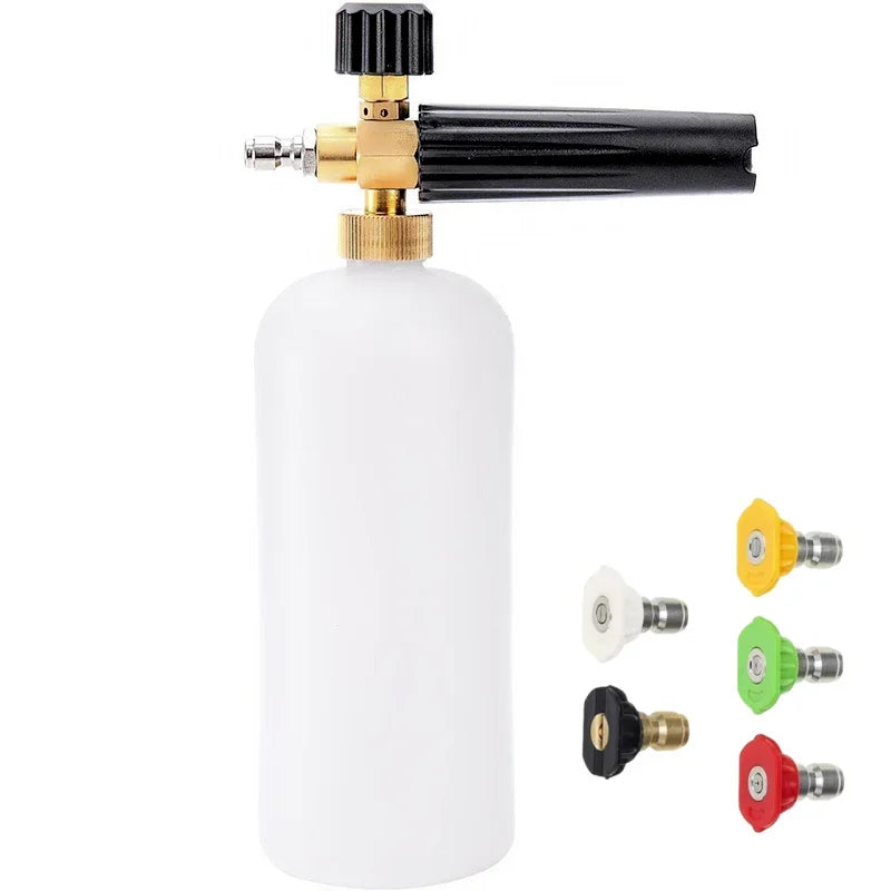 A white foam cannon car wash kit with a black nozzle and five metal nozzles.