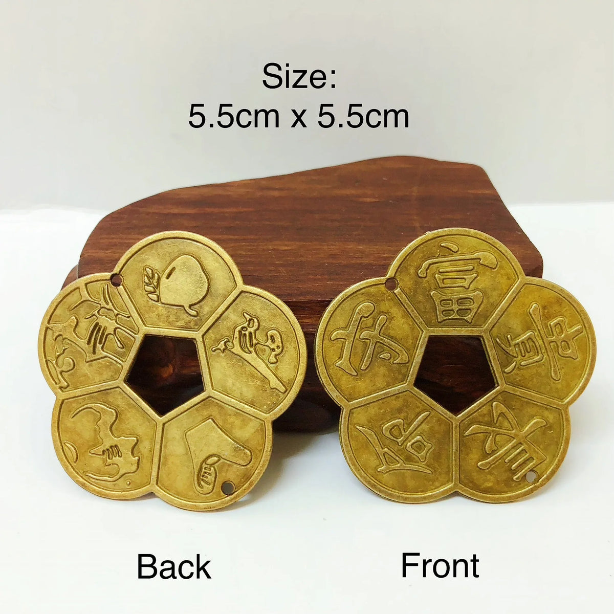 Brass lucky coins for wealth and home decor shown from the back and front with a wooden base