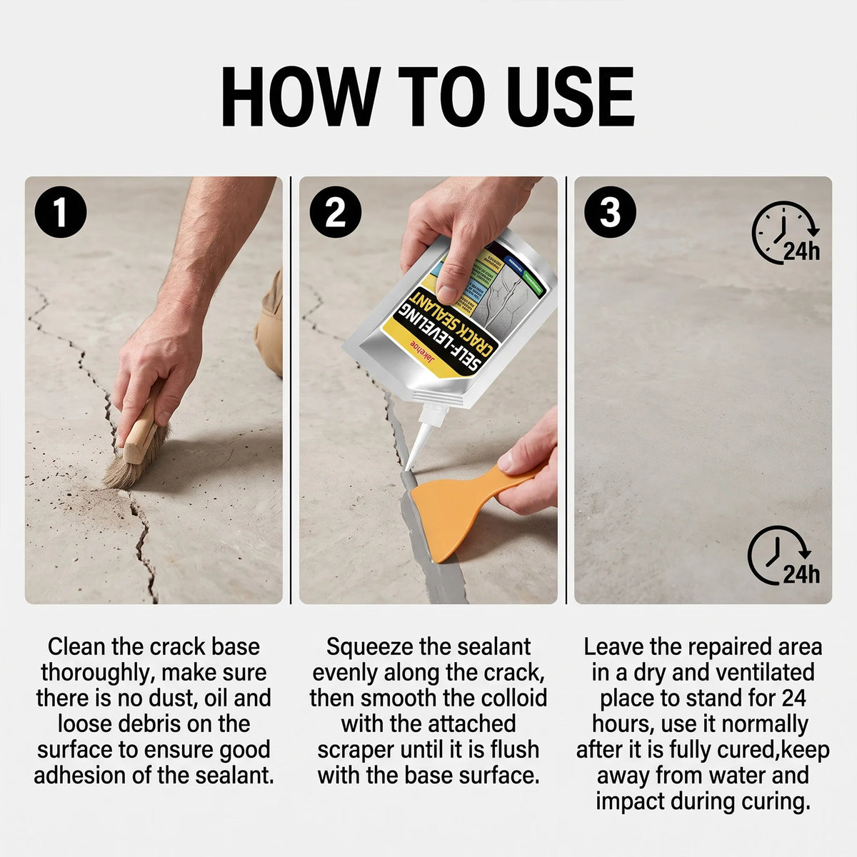 Instructions for using self-leveling concrete crack sealant, showing how to apply the product.