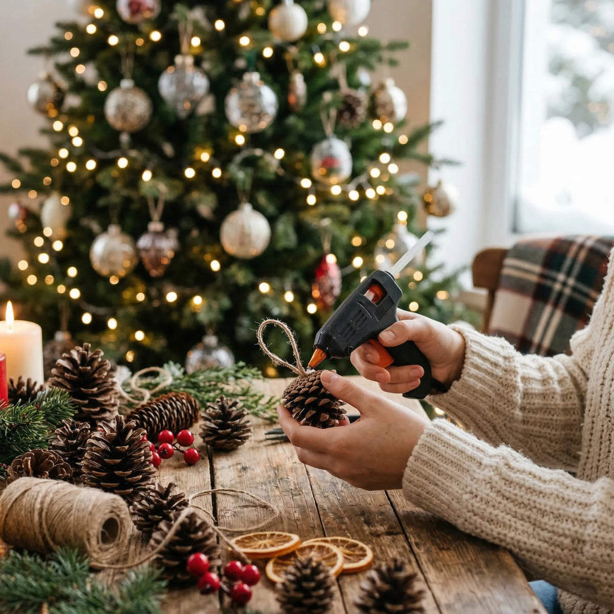 A person uses a hot melt glue gun to apply glue to pine cones on a wooden table in front of a decorated Christmas tree.