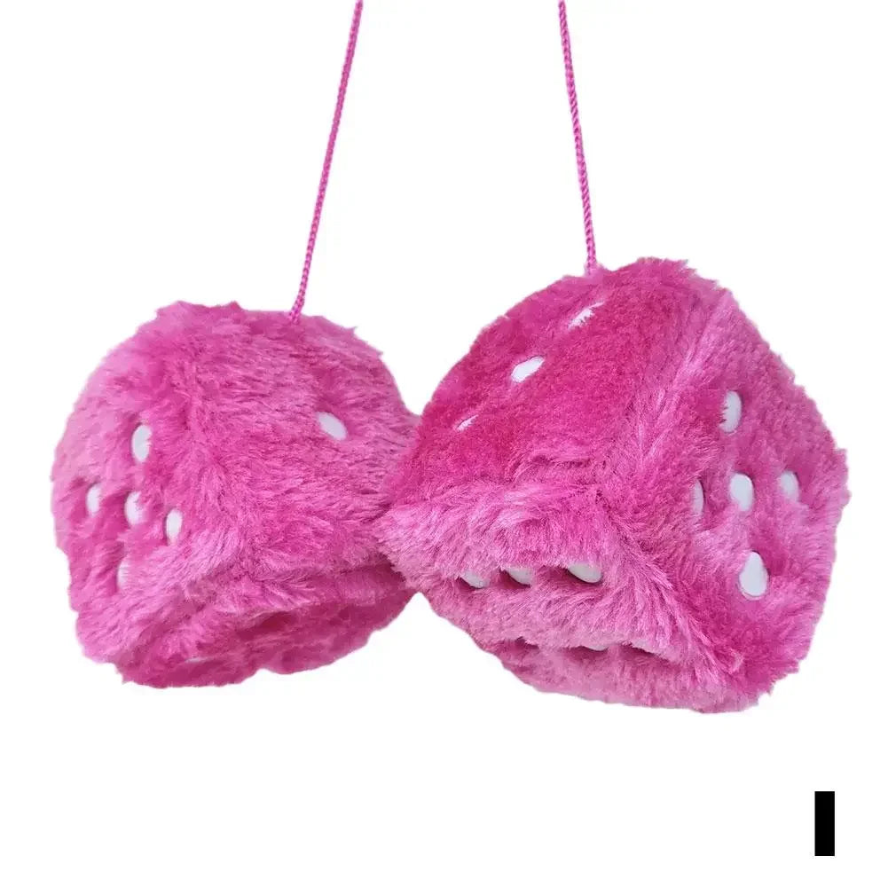 Pink plush velvet dice car mirror pendant hanging by a pink string
