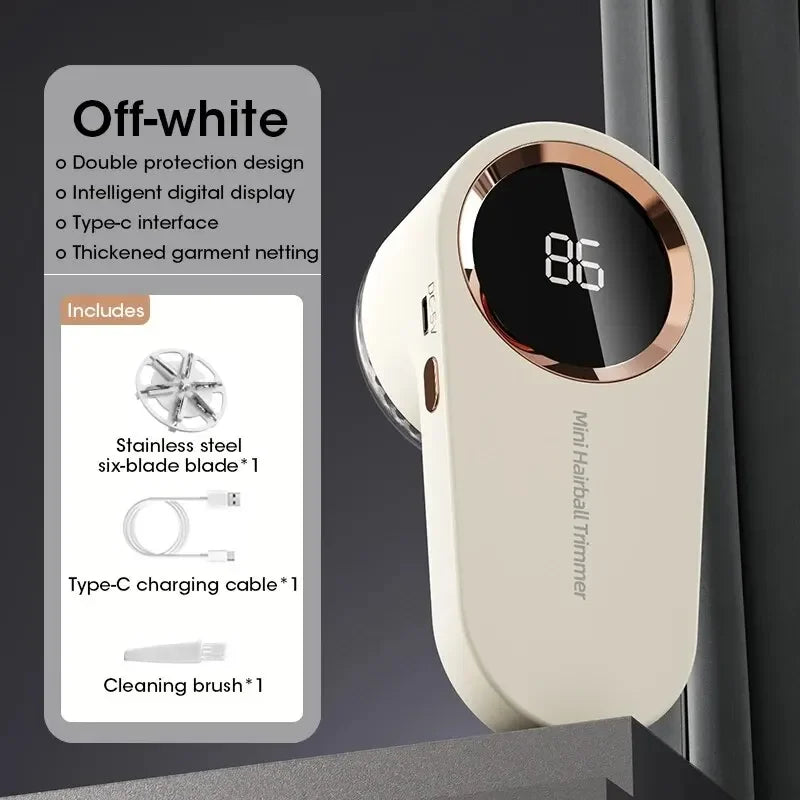 A beige electric lint remover with a digital display and accessories is shown against a dark background.