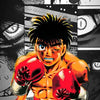 A dynamic black and white illustration of a boxer with spiky hair wearing red boxing gloves and a striped uniform.