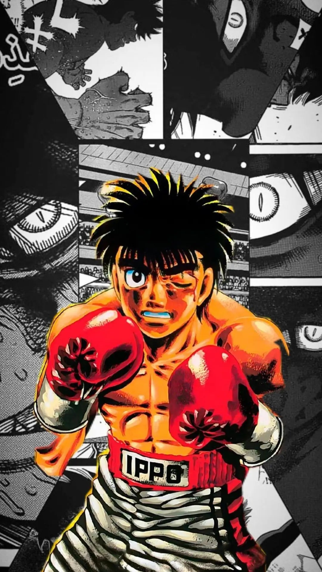 A dynamic black and white illustration of a boxer with spiky hair wearing red boxing gloves and a striped uniform.
