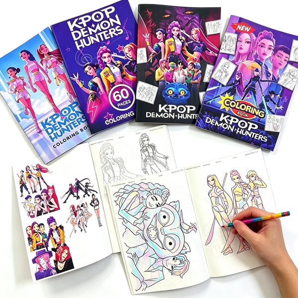 Un set de livres de coloriage K-Pop Demon Hunters avec des illustrations et personnages colorés.