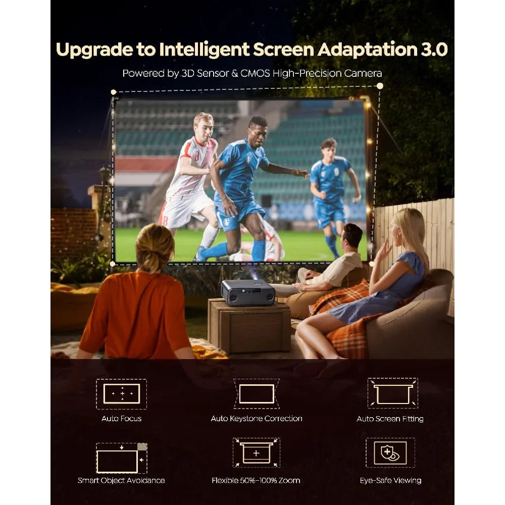 A woman is relaxing on a sofa while an intelligent screen adaptation feature is demonstrated on a screen.