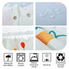 A set of white waterproof shower curtains featuring dolphin and sea turtle designs, along with ironing and drying instruction