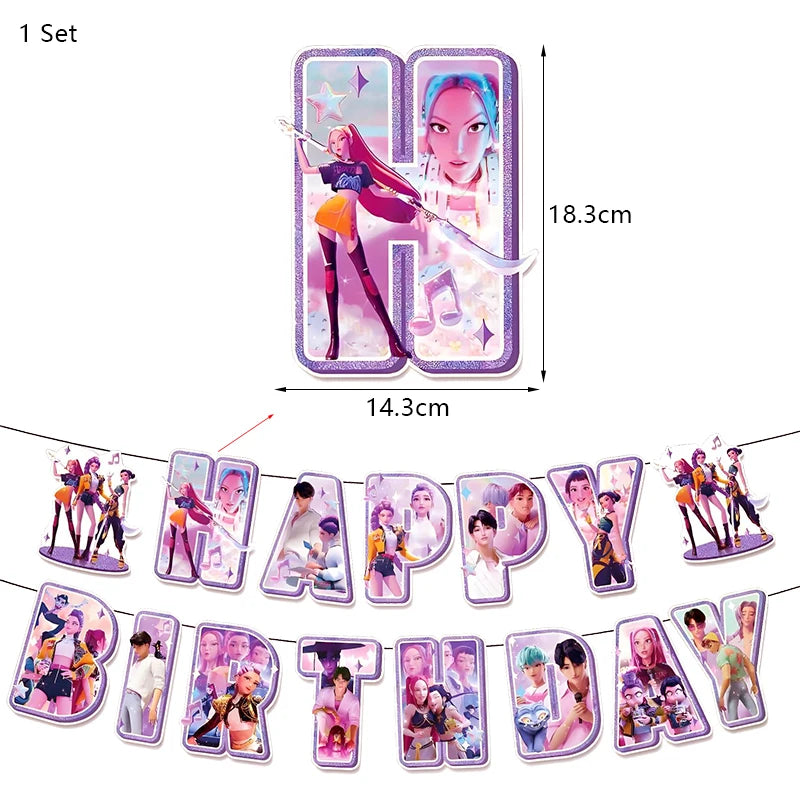 A set of music-themed birthday party decorations featuring anime-style characters in a vertical box format.