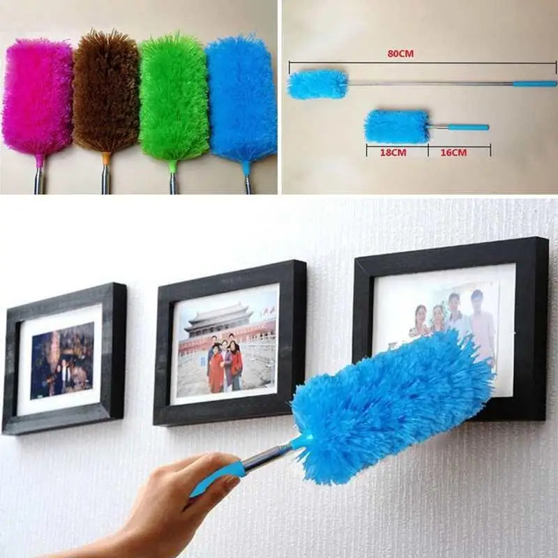 A hand is holding a bright blue electrostatic telescopic dust duster with a flexible stainless steel handle against a white b