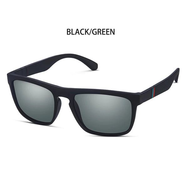 Black and green vintage square polarized sunglasses shown against a white background.