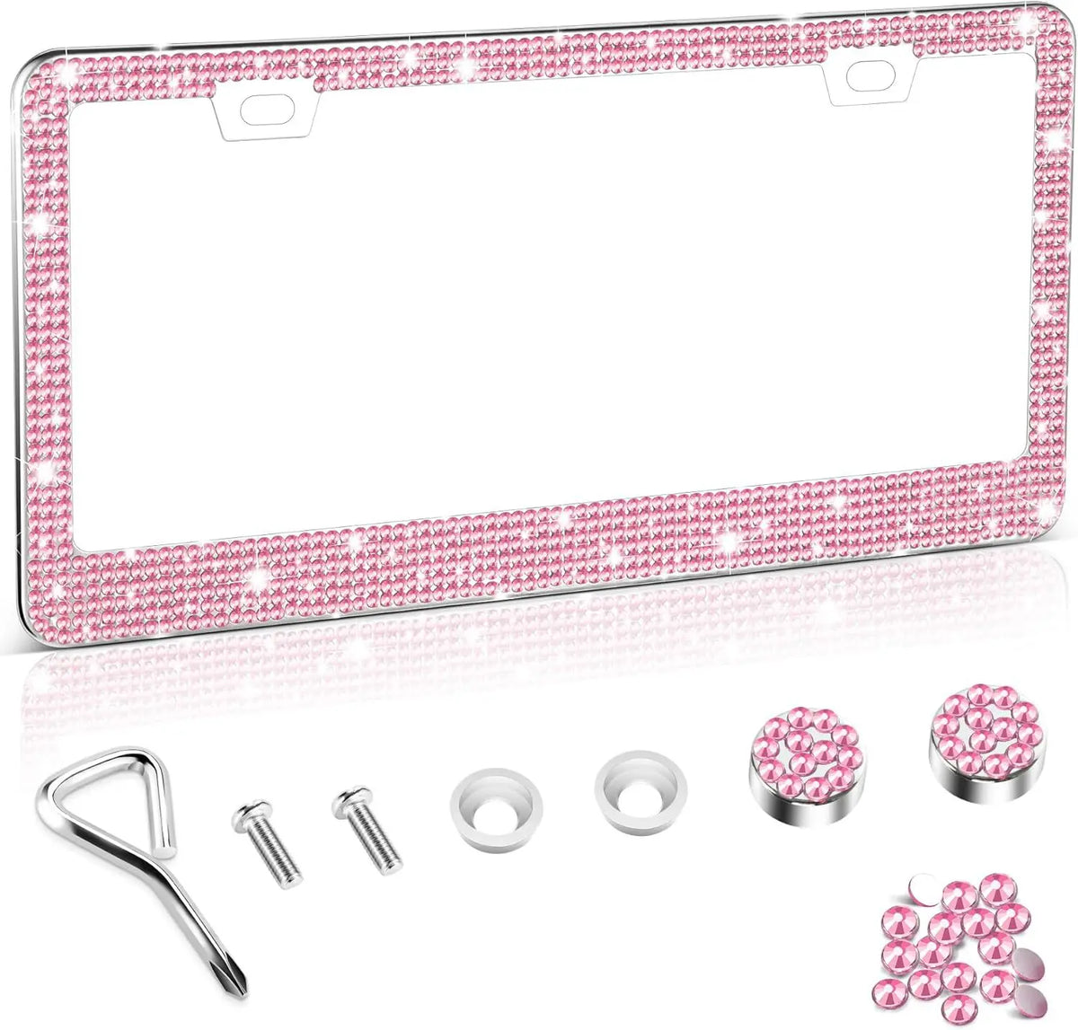 Crystal Rhinestone License Plate Frame with Screw Caps