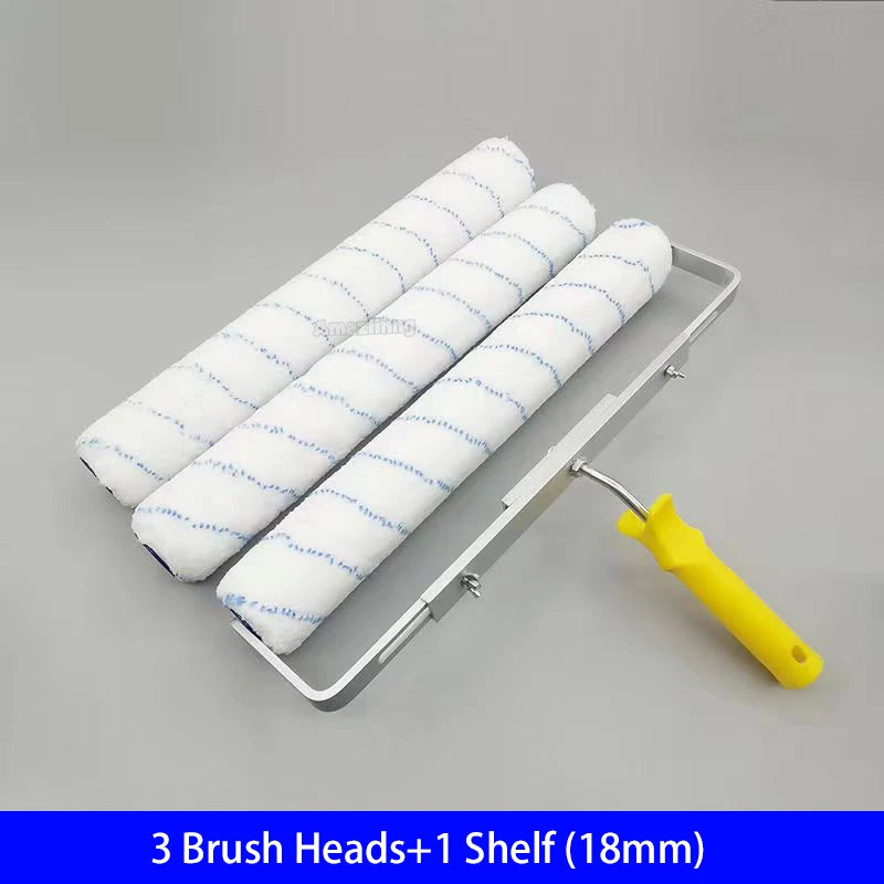 A set of three white paint brush heads and one shelf mounted on an aluminum alloy handle for painting.