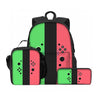 A set of three gaming console backpacks featuring green, black, and pink stripes.